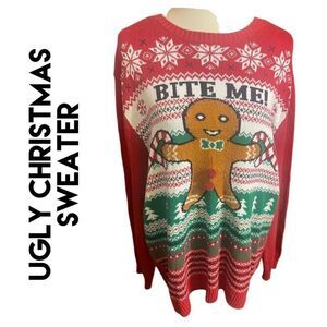 Ugly Christmas Sweater Red Graphic Gingerbread Man Pullover Long Sleeve Crewneck